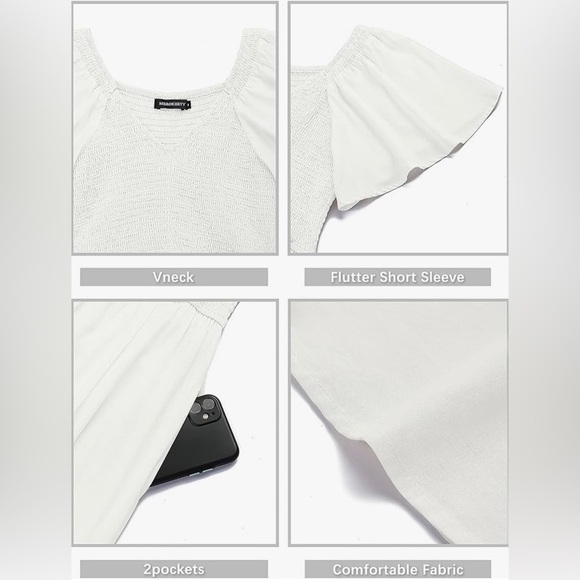 MEROKEETY Casual V Neck Ruffle Sleeve Smocked High Waist Midi Dress With Pockets - Picture 4 of 5